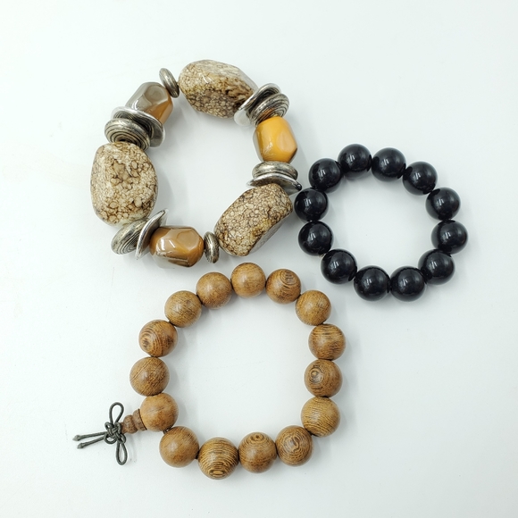 3 Stretch Bead Bracelets Black Wood Jewelry Access - Picture 2 of 5